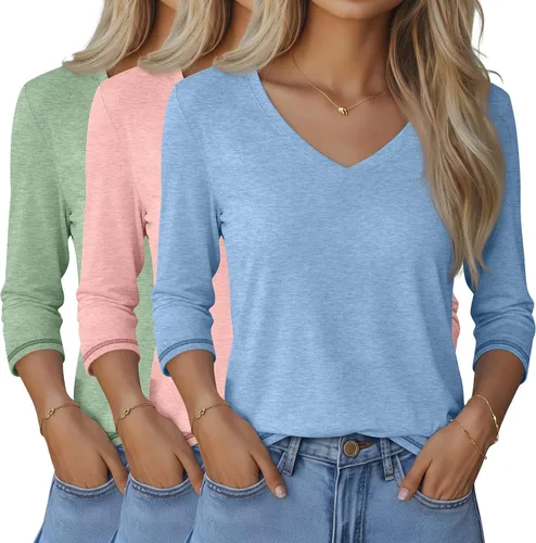 Vista 40 de Ficerd Paquete de 3 camisetas de manga 3/4 para mujer, cuello en V, blusas holgadas, blusas casuales, ropa de moda 2026