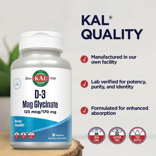 Vista 4 de KAL Vitamina D3 y glicinato de magnesio, fórmula de absorción mejorada con BioPerine, apoyo para la salud muscular y ósea, apoyo inmunológico y más
