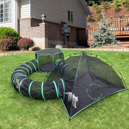 Vista 8 de Pawtenda Carpas portátiles 3 en 1 para gatos al aire libre, tiendas de campaña para gatos Catio Green para exteriores, tiendas de campaña para gatos