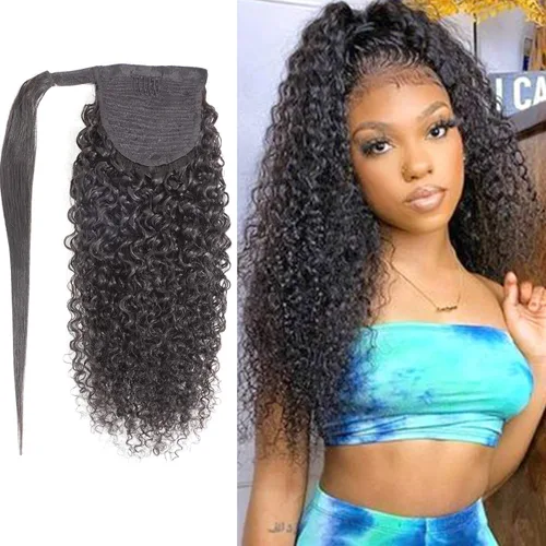 Vista 14 de Cola de caballo de cabello humano rizado con cordón brasileño Remy Extensin 3C Kinky Curly Hair Clip en pieza de pelo color natural sedoso suave 10