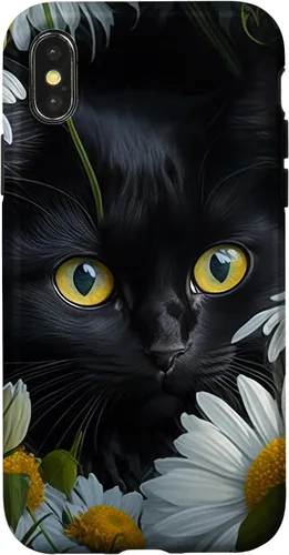 Vista 5 de iPhone 16 Black Cat with Daisies – Enchanting Floral Design Case
