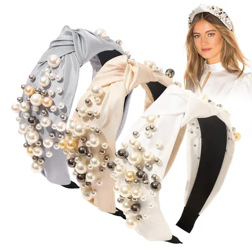 Vista 9 de Ivyu Diademas - Diademas de perlas anudadas para mujer de moda, accesorios para el cabello, bandas para el cabello para niñas, antideslizantes, a