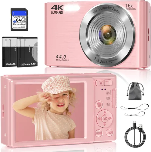 Vista 8 de Cámara digital, cámara digital FHD 4K con tarjeta SD de 64 GB, cámara digital de apuntar y disparar de 44 MP, zoom digital 16X, antivibraciones, 3