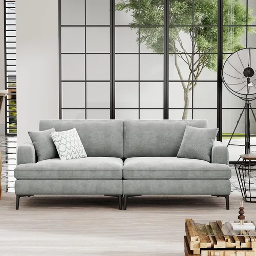 Vista 14 de Quarte Sofá modular moderno de 4 plazas con bolsillos para reposabrazos y 4 almohadas, sofá minimalista de tela de lino para sala de estar Gris