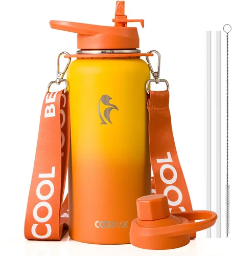 Vista 23 de Botella de agua Coolflask de 40 onzas con correa, botella de agua metálica aislada con popote y tapas con pico, acero inoxidable de doble pared al