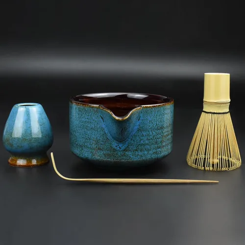 Vista 10 de Artcome Juego de té Matcha de lujo – Kit japonés de 4 piezas con tazón rústico de cerámica esmaltada en negro y asa, batidor de bambú, soporte