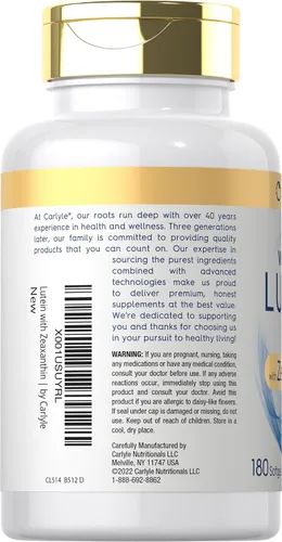 Vista 3 de Suplemento de luteína y zeaxantina Carlyle 40mg 180 cápsulas blandas Píldoras para los ojos Vitaminas para la salud ocular Visi-Gold Sin