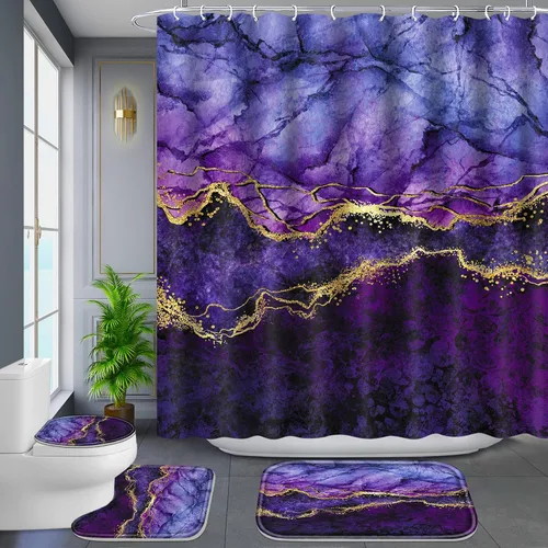 Vista 20 de Poedist Juego de 4 cortinas de ducha de baño, juegos de baño con alfombras (tapete de baño, forma de U y tapa de inodoro) y 12 ganchos, mármol