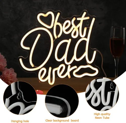 Vista 3 de Baquler Letrero de neón con luces LED con texto en inglés "Best Dad Ever", regalo para decoración de pared del día del padre, expresarte agradecido