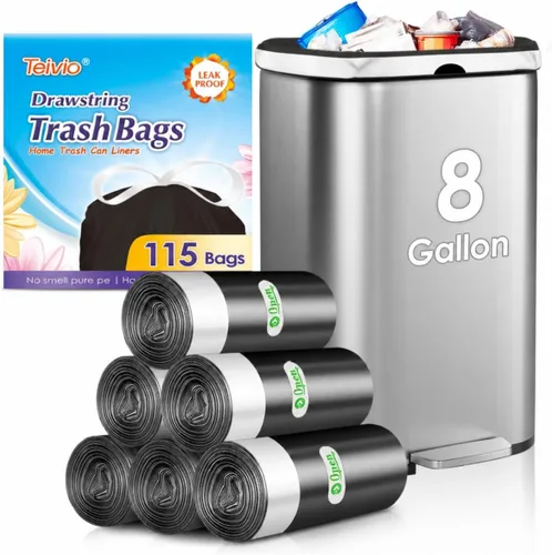 Vista 57 de Bolsas de basura de 7 galones, 100 unidades, bolsas de basura con cordón resistentes de Teivio, bolsas para papeleras de baño, bolsas de plástico