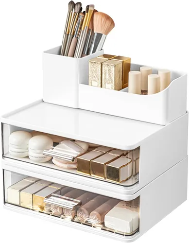 Vista 7 de DASITON Organizador de maquillaje para tocador con 2 cajones, organizador de cosméticos apilable con soporte para brochas de maquillaje, organizador