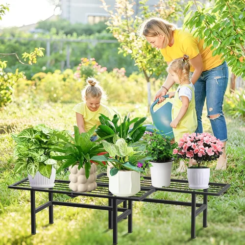 Vista 4 de Paquete de 2 soportes para plantas de 1 nivel para interiores y exteriores, estante plegable de metal para plantas, diseño estrecho de 8.7 pulgadas