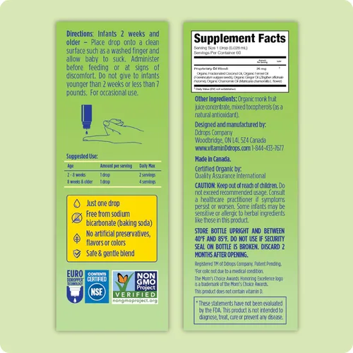 Vista 2 de Ddrops Gotas orgánicas para bebés, gotas líquidas naturales para alivio del abdomen para recién nacidos, alivio de gases, cólicos e hipo, solo una