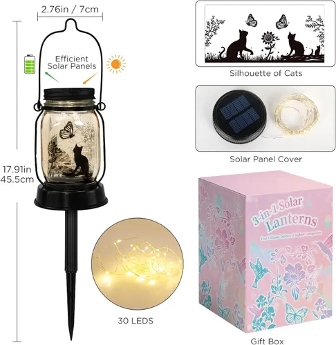 Vista 4 de kyoryuger Paquete de 2 faroles solares de gatos, regalos de Navidad para amantes de los gatos, mujeres, mamá, abuela, farol conmemorativo, estaca