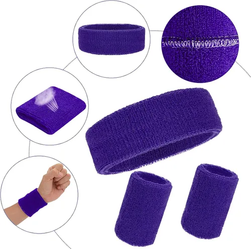 Vista 3 de ASTER Juego de 6 muñequeras para la cabeza, incluye 2 diademas deportivas y 4 pulseras deportivas a rayas coloridas para hombres y mujeres