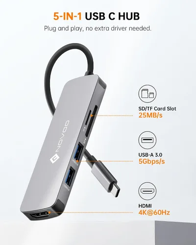 Vista 2 de NOVOO Hub USB C 5 en 1 con adaptador HDMI 4K, 2 puertos USB 3.0, 1 puerto de memoria SD, 1 lector de tarjetas microSD 2 puertos USB 3.0, 1 puerto