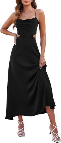 Vista 2 de Umenlele Vestido midi de satén para mujer, sin mangas, con tirantes delgados, sexy, fruncido, para cóctel, fiesta