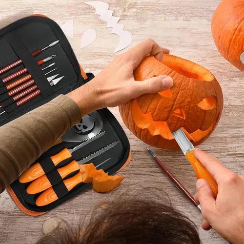 Vista 7 de Kit de 11 piezas de tallado de calabaza para adultos y niños con herramientas de escultura de detalles profesionales, juego de cuchillos de acero