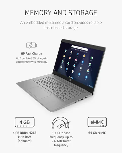 Vista 4 de HP Computadora portátil Chromebook, PC con pantalla HD de 14 pulgadas, Intel Celeron N4120 Quad-Core, 4 GB DDR4 RAM, 64 GB eMMC, USB-C, Wi-Fi 5