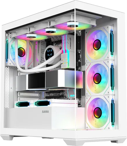Vista 11 de SAMA V40 Mid Tower ATX Chasis – 6 × 120mm Ventiladores ARGB PWM Pre-Instalados, Paneles de Vidrio Templado Dual, Flujo de Aire Vertical, Diseño