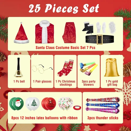 Vista 5 de Santa Claus Costume for Men 25PCS, Christmas Santa Costume for Men Adult Deluxe Santa Suit