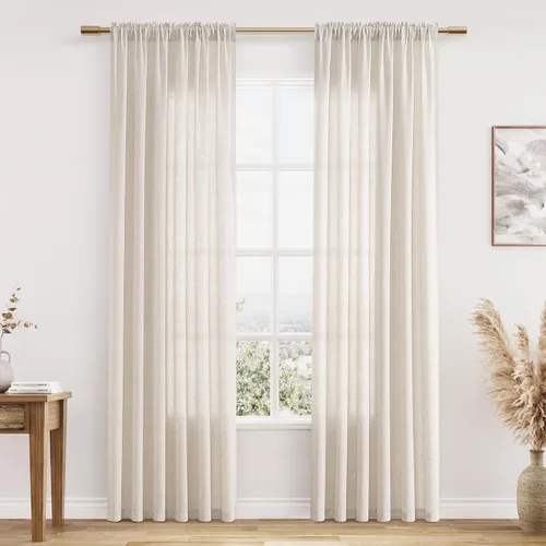 Vista 34 de Cortinas de lino verde aguamarina de 84 pulgadas de largo, juego de 2 paneles semitransparentes con bolsillo para barra para comedor, decoración