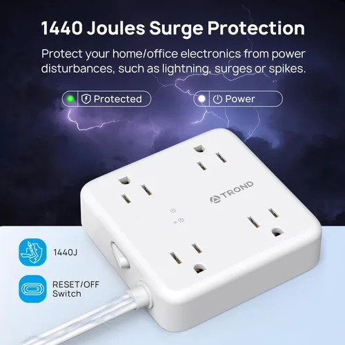 Vista 5 de TROND Regleta protectora de sobretensiones con puertos USB, cable de extensión de enchufe plano de 10 pies con múltiples tomas, 1440J, montaje