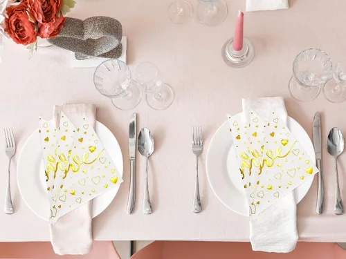 Vista 7 de Whaline Paquete de 80 servilletas desechables para el día de San Valentín, servilletas desechables doradas con estampado de corazón de amor