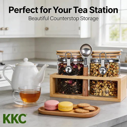 Vista 3 de KKC - Recipiente de té de vidrio con tapas y cuchara de bambú Tarros de almacenamiento de té sueltos herméticos de 27 onzas para bolsa de té y té