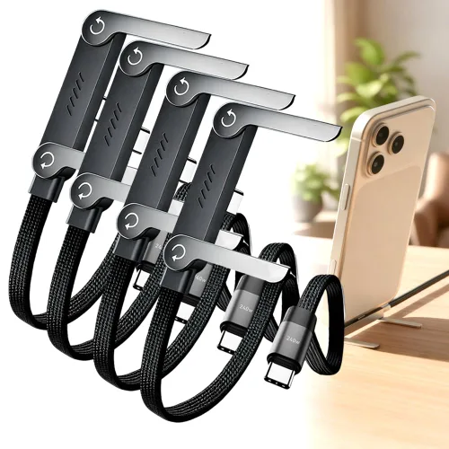 Vista 8 de Cable de carga rápida trenzado de 240 W con soporte de teléfono integrado en forma de T, cable USB-C plegable y duradero de 90 grados, cable USB C