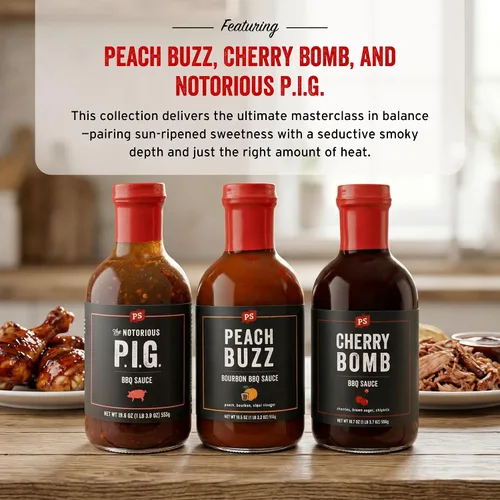 Vista 2 de PS Seasoning Salsa barbacoa picante dulce paquete de 3 – Peach Buzz, Cherry Bomb, y Notorious PIG Gourmet Barbecue Sauce Set para asar a