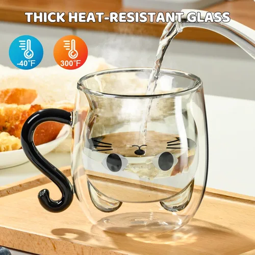 Vista 3 de PARACITY Taza Bonita de Gato, Tazas Bonitas de Cristal de Doble Pared con Asa 8.5 onzas, Regalos para Amantes de los Gatos para Mujeres, Regalos