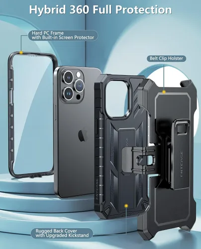 Vista 5 de FNTCASE Funda para iPhone 15-Pro-Max de 6.7 pulgadas, protector de pantalla integrado, soporte y clip para cinturón, resistente protección a prueba