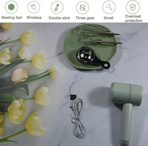 Vista 5 de Batidora de Mano, Mezclador de Mano Eléctrico Portátil Inalámbrico, 3 velocidades Recargable por USB con Batidoras Gemelas y Separador de Huevos