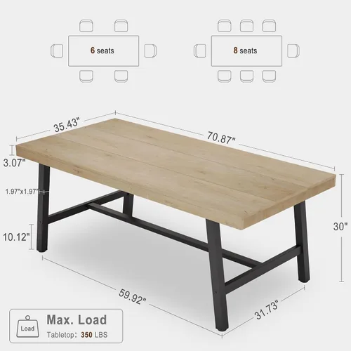 Vista 4 de IDEALHOUSE Mesa de comedor rústica para 6-8 personas, mesa de cocina rectangular de 70 pulgadas de largo, mesas de cocina de madera industrial
