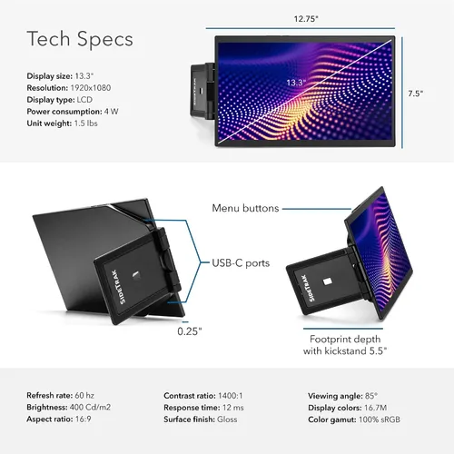 Vista 7 de SideTrak Swivel Pro - Monitor portátil ultra delgado de 13.3 pulgadas, pantallas para laptop FHD IPS 1080p con soporte + bisagra giratoria patentada
