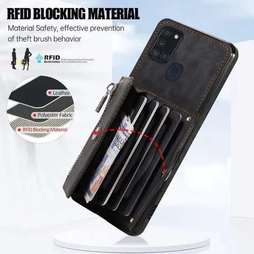 Vista 4 de Funda para teléfono Samsung Galaxy A21S con protector de pantalla de vidrio templado y correa cruzada para la muñeca, cordón para el hombro, soporte