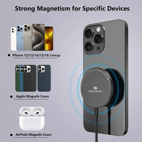 Vista 5 de ZEROLEMON Cargador inalámbrico magnético de 10 pies, compatible con MagSafe, almohadilla de carga inalámbrica rápida con cable trenzado de 10 pies