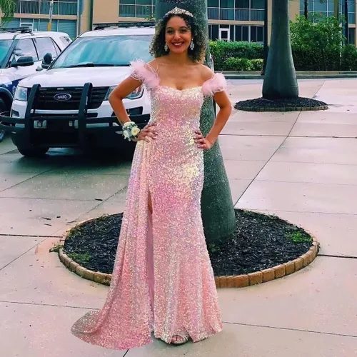 Vista 2 de Vestidos de fiesta de lentejuelas con hombros descubiertos, vestido formal de sirena brillante, vestido largo de fiesta de noche con abertura