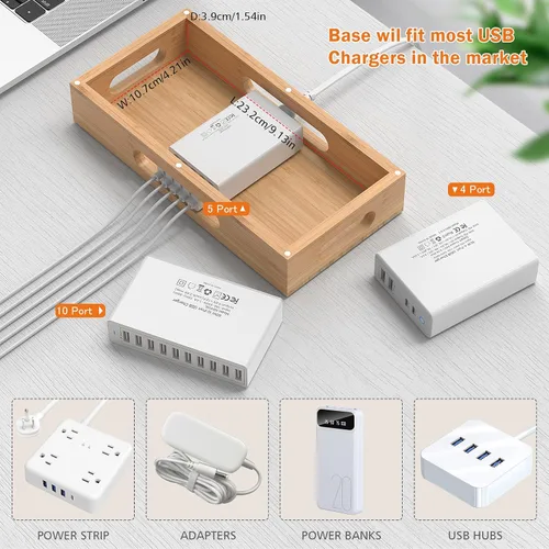 Vista 5 de Pezin & Hulin Soporte de estación de carga de bambú con cargador USB de 5 puertos, 5 cables de carga, soporte de reloj, soporte de acoplamiento