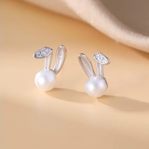 Vista 4 de SLUYNZ 925 Sterling Silver Easter Rabbit Bunny Studs Earrings for Women Teen Girls Pearl Rabbit Earrings Studs A-Plata