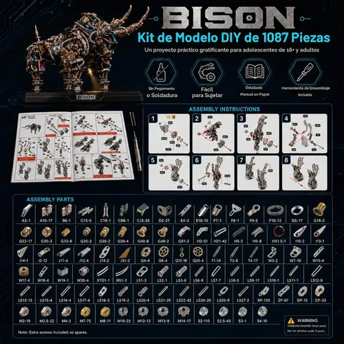 Vista 6 de Rompecabezas de metal 3D para adultos, kits de modelo de metal bisonte, rompecabezas de metal 3D, toros mecánicos, bloques de construcción, montaje