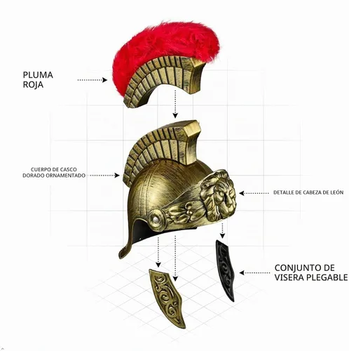 Vista 4 de Casco romano con pluma de plumas rojas, cascos de disfraz griegos, casco de legión, guerrero dorado