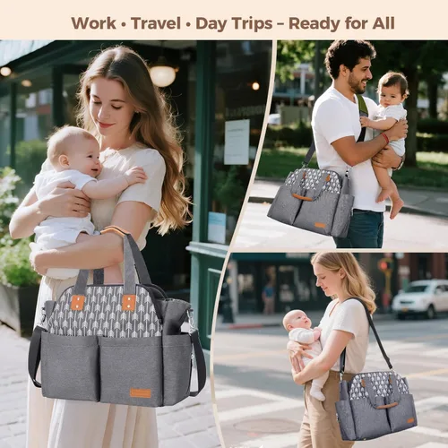 Vista 2 de Lekebaby Bolsa de pañales, 17 bolsillos, bolsa de pañales de viaje grande impermeable con cambiador portátil, bolsa de hospital cruzada para mamá