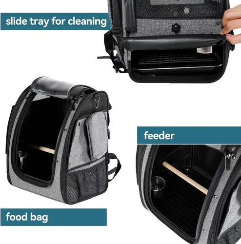 Vista 5 de Petsfit Transportador de pájaros de tamaño mediano con cuenco de acero inoxidable, mochila de loro incluye bandeja deslizante para una fácil