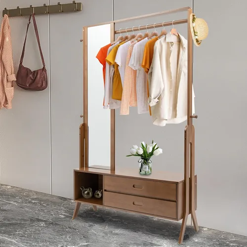 Vista 5 de Perchero de bambú independiente para ropa con estantes, estante colgante con espejo y cajón para entrada de dormitorio, soporte de hasta 200 libras