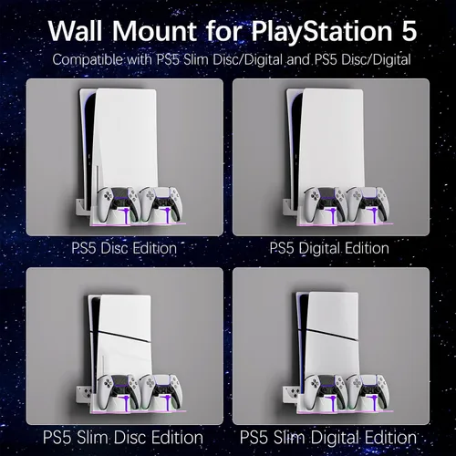 Vista 7 de Hosanwell Kit de montaje en pared PS5 con estación de carga, compatible con PS5 y PS5 Slim Disc y versión digital, estación de carga de doble uso