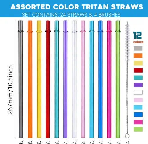 Vista 2 de 24 popotes reutilizables con 4 cepillos, popotes de plástico duro Tritan de 10.5 pulgadas de largo, 12 colores translúcidos de repuesto para vasos
