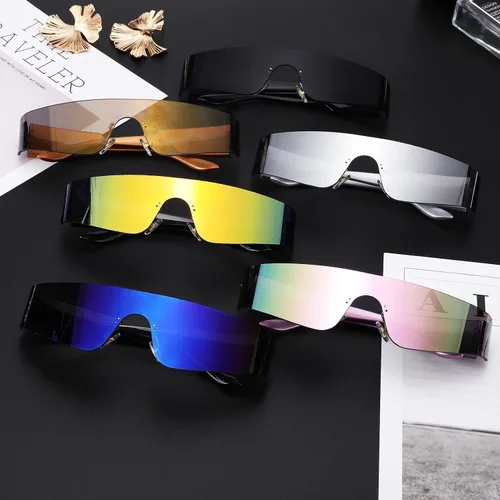 Vista 5 de COASION Wrap Around Sunglasses for Women Men Trendy Rimless Futuristic Shades Y2k Shield Flat Top Fashion Eyeglasses