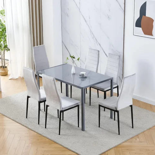 Vista 7 de Juego de 6 mesas de comedor y sillas negras modernas de 7 piezas para cocina pequeña, mesa rectangular de vidrio templado y 6 sillas de terciopelo